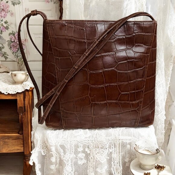 Vintage‎ Worthington Brown Croc Embossed Leather 3 Compartment Shoulder Bag - Picture 9 of 11